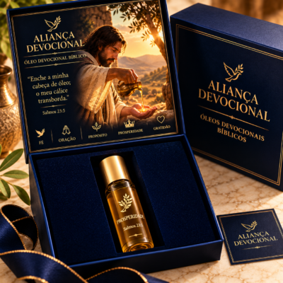 Embalagem do Óleo Devocional Aliança Devocional, apresentada em caixa decorativa escura com detalhes dourados.